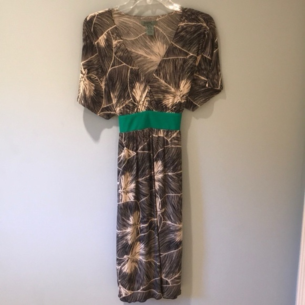 Anthropologie Maple 100% Silk Fan Leaf Print Midi Dress Green Tie Size Medium - Picture 2 of 9